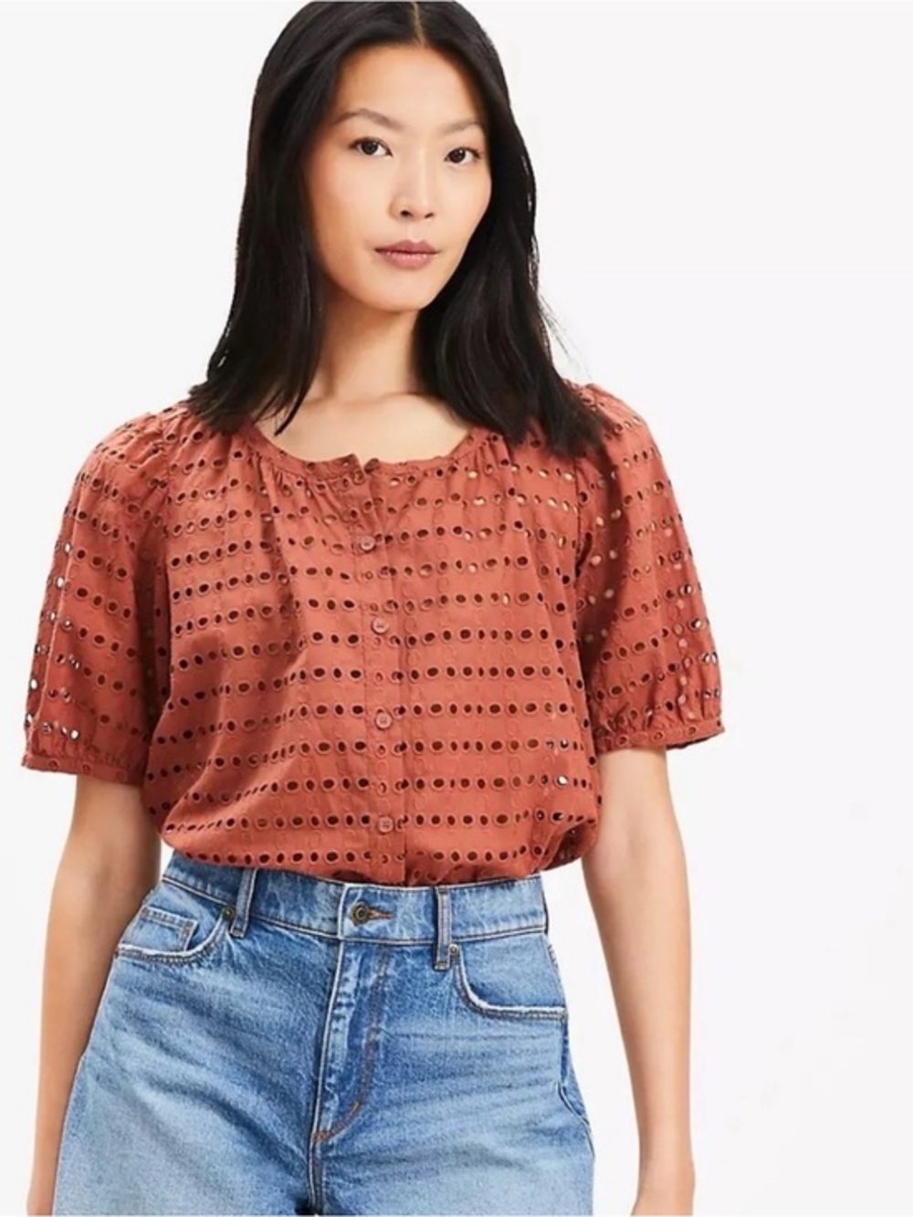 LOFT Terracotta Rust Eyelet Button-Front Blouse Top Size Small